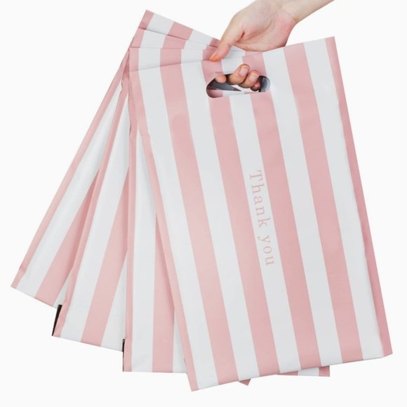 12 Pink and White Stripes Designer Poly Mailer Bags with Handle - Picture 1 of 10